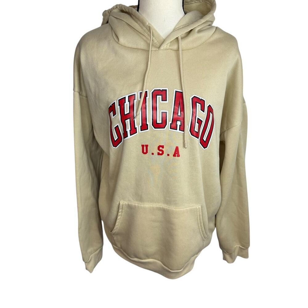 Chicago USA Oversized Hoodie Womens XL Cream Beige Graphic Pullover - Picture 2 of 5